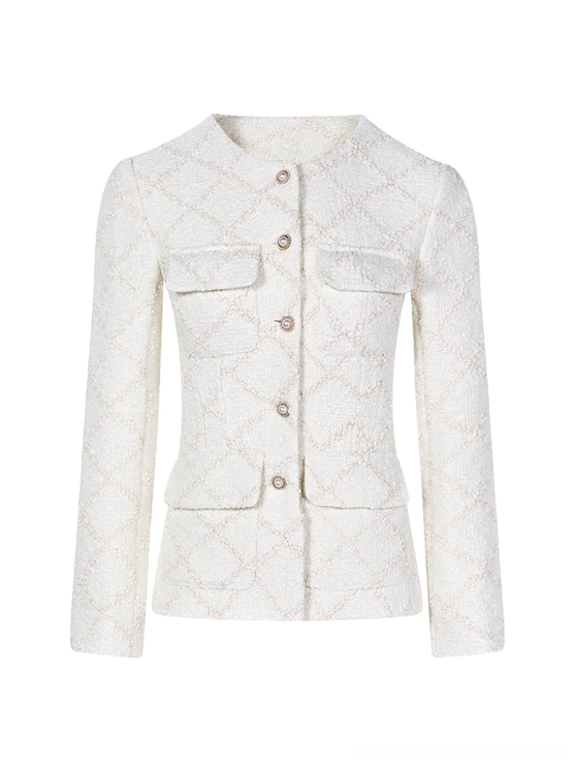 Ivory diamond quilted tweed blazer with round collar front buttons and four flap patch pockets on a white background