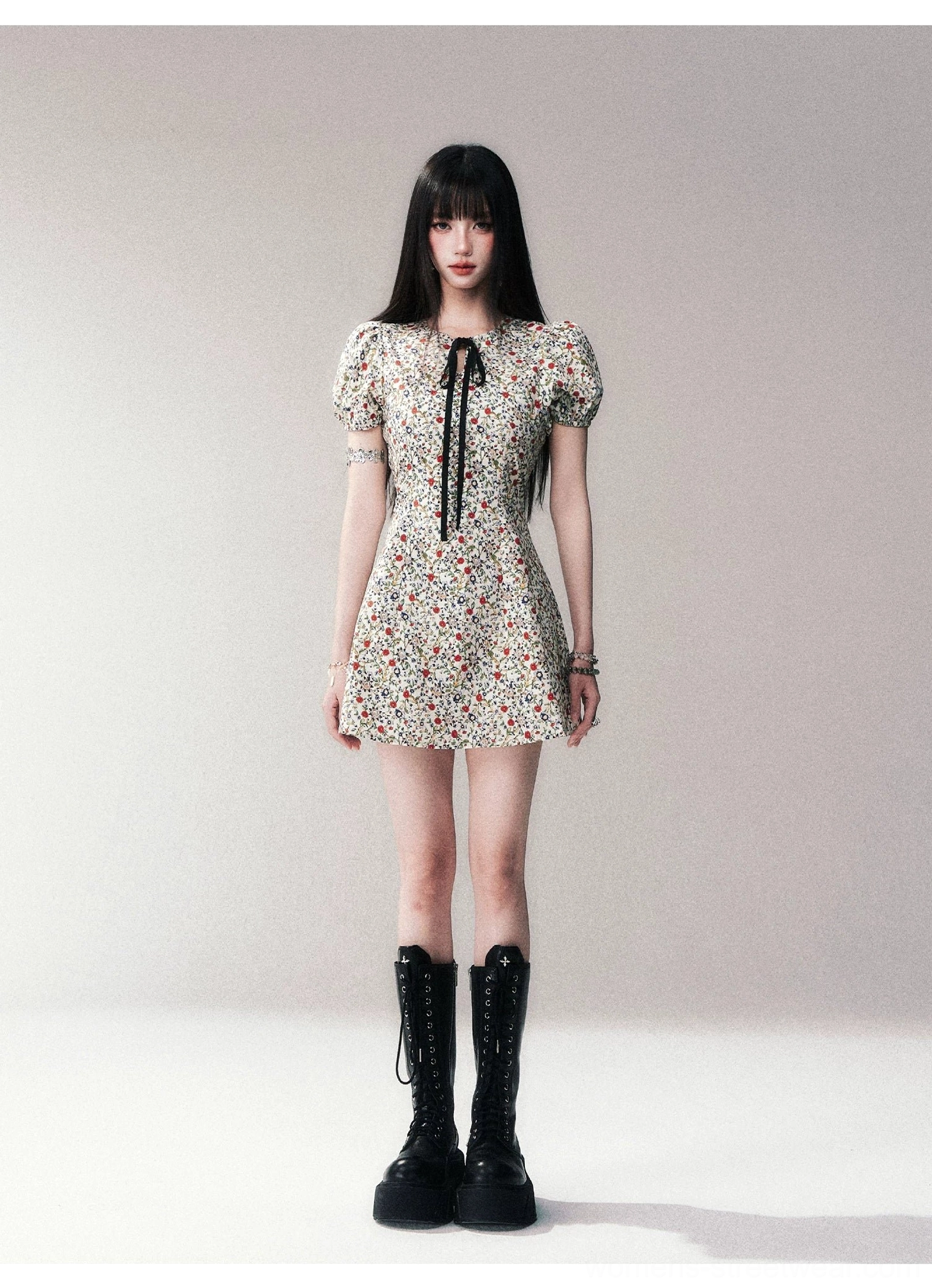 Ivory ditsy floral bow-tie puff sleeve A-line mini dress product detail view