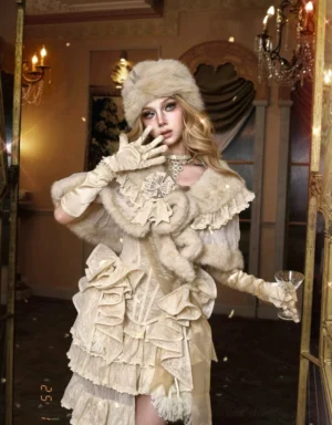 Three-quarter view of ivory faux fur lace capelet with crystal brooch styling over a romantic vintage Lolita dress