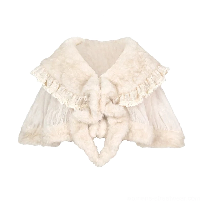 Ivory fluffy shawl option with faux fur and lace details for romantic coquette streetwear outfits
