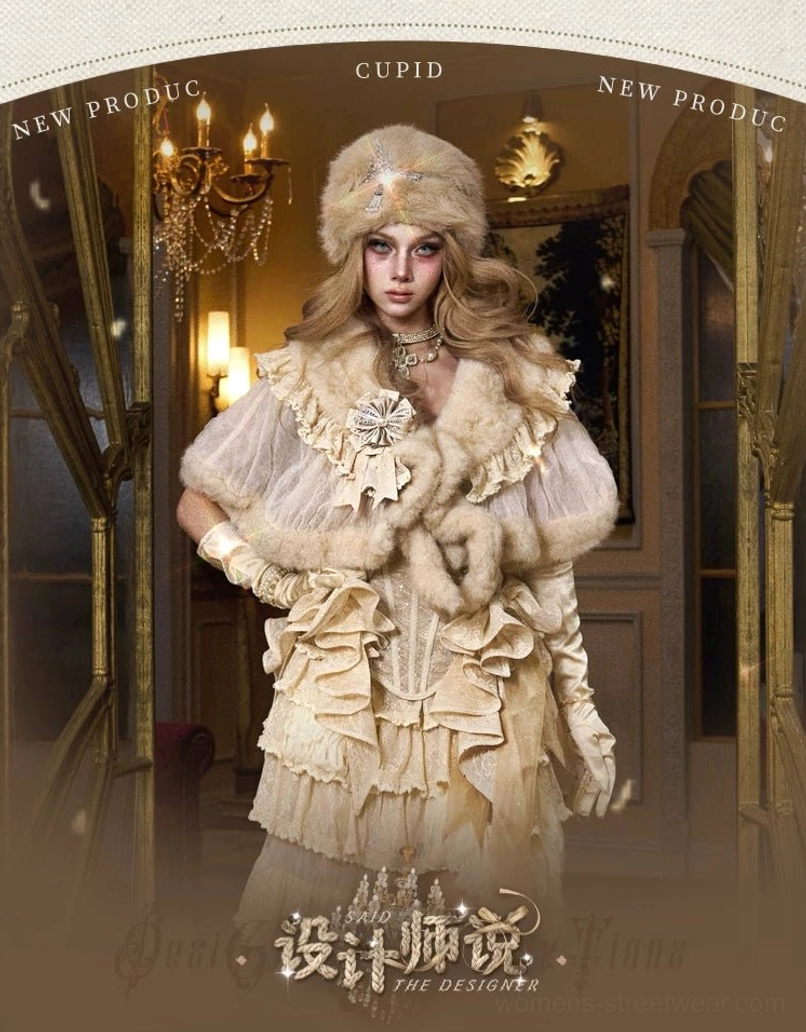 Ivory faux fur lace capelet featured in an elegant vintage Lolita inspired formal outfit with layered ruffles