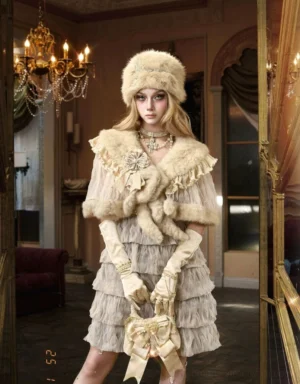 Ivory faux fur lace capelet styled over a vintage Lolita gown with matching fur hat in a European-inspired parlor