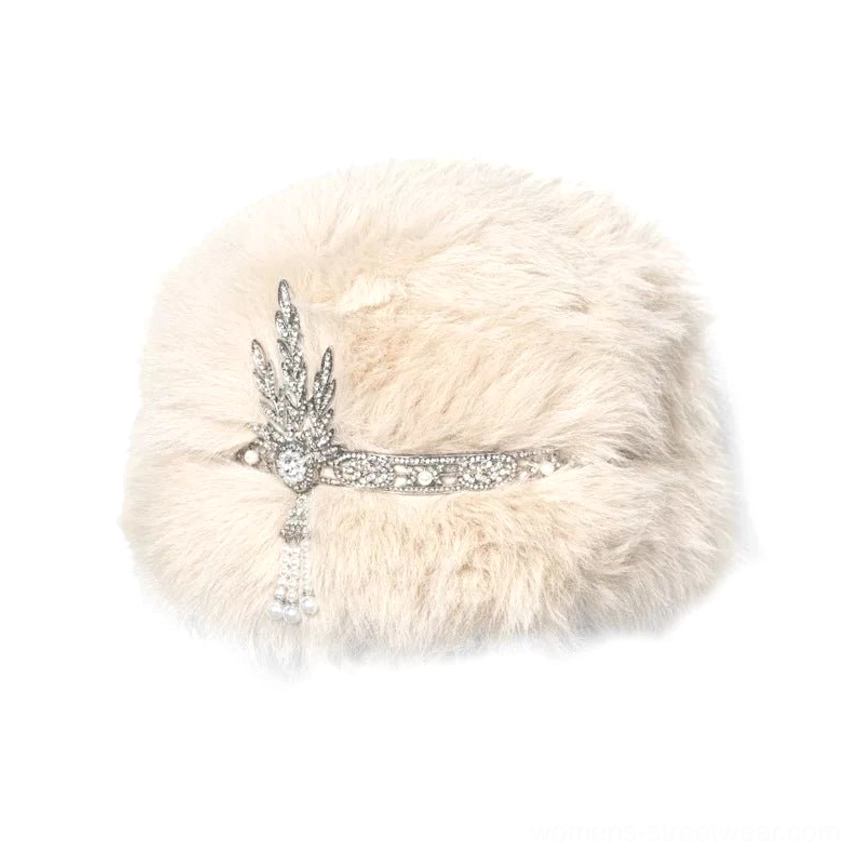 Ivory faux fur hat accessory option matching the romantic faux fur lace capelet collection