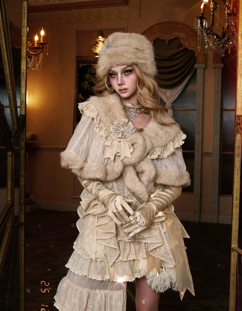Ivory faux fur lace capelet showing plush texture and romantic vintage streetwear styling