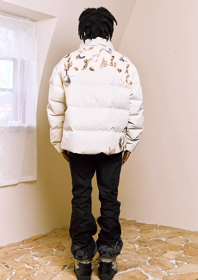 Ivory flame lace cropped puffer jacket short boxy silhouette for Y2K and Korean streetwear outfits