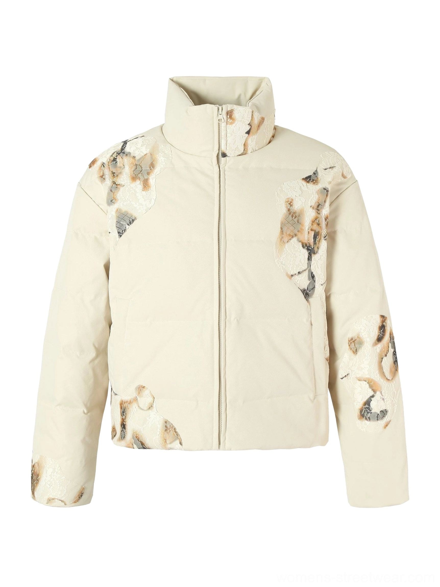 Front flat lay of ivory flame lace cropped puffer jacket with stand collar, zip front, and quilted streetwear silhouette