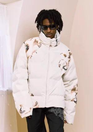 Male model wearing an ivory flame lace cropped puffer jacket in an oversized Seoul streetwear outfit