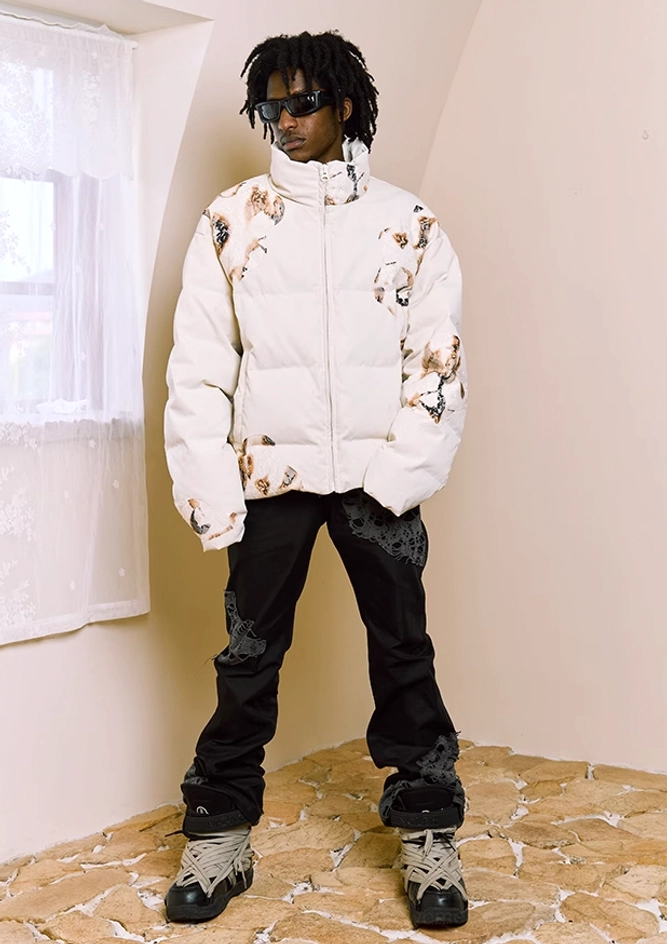 Ivory flame lace cropped puffer jacket graphic outerwear design and relaxed oversized fit detail
