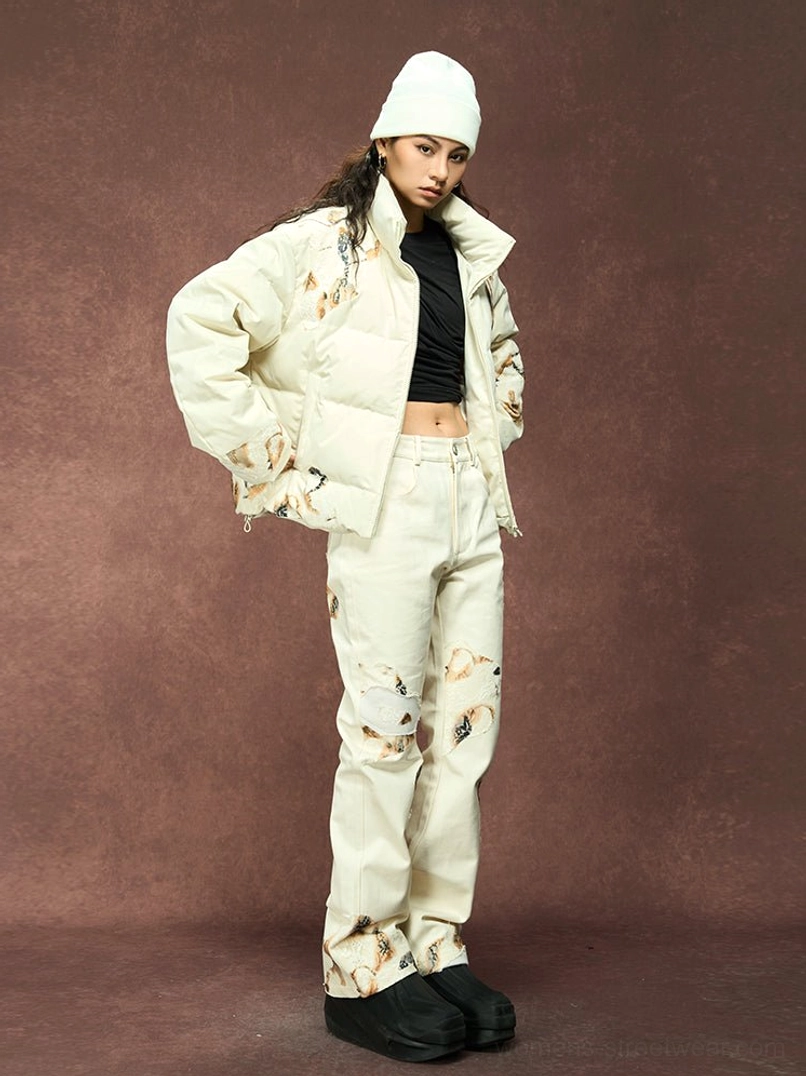 Ivory flame lace cropped puffer jacket designed for Seoul-inspired streetwear layering