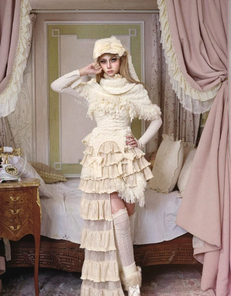 Ivory fringe knit corset top detail view highlighting the fitted waist, pointed hip panels, and ivory textured knit fabric