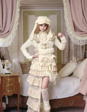 Full-body view of an ivory fur-trimmed cable knit cropped cardigan styled with a layered ruffle Lolita skirt in a vintage bedroom