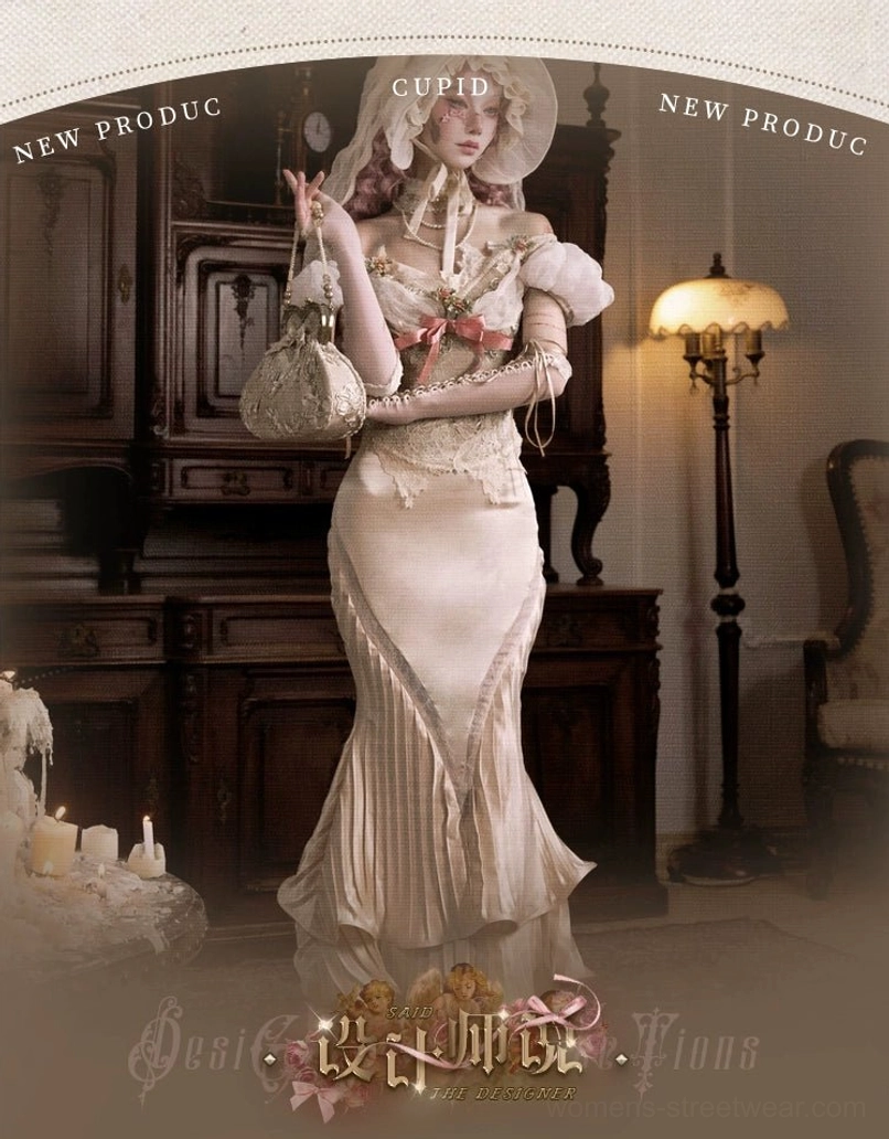 Ivory high-waisted fishtail skirt styled with an off-shoulder Victorian-inspired corset outfit