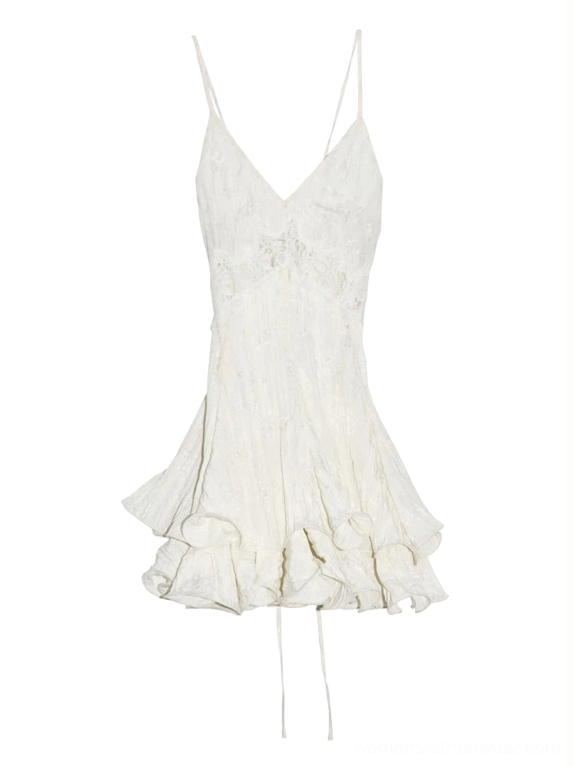Ivory lace open-back ruffle slip mini dress Y2K romantic streetwear outfit product view