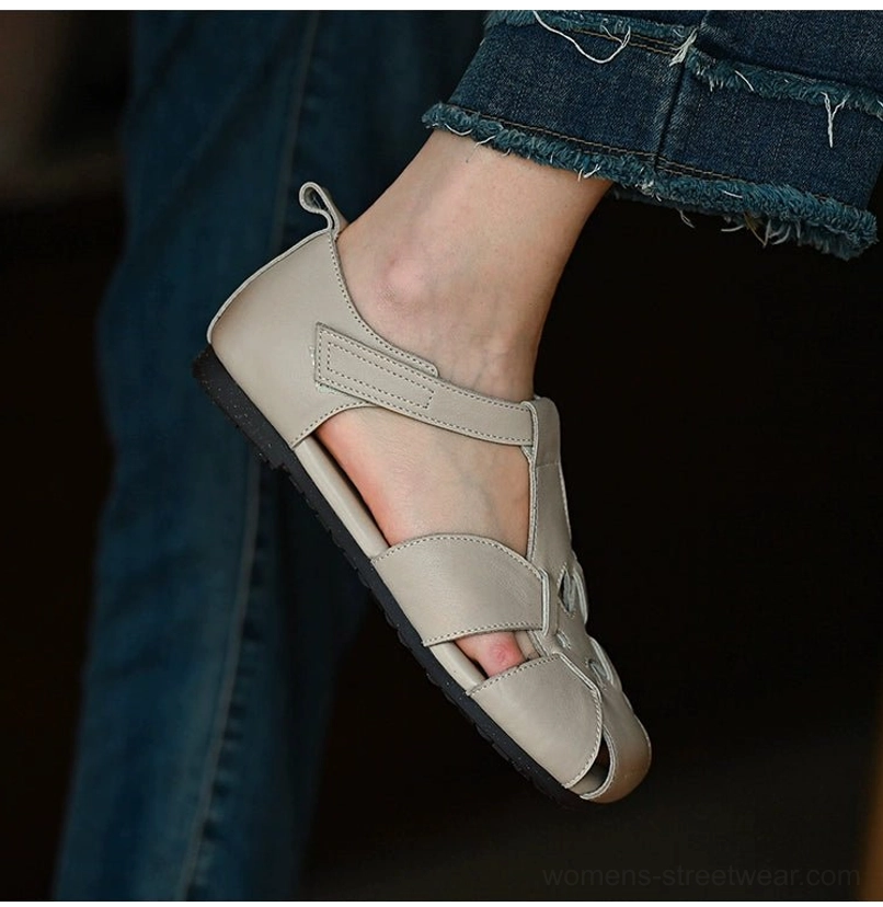 Ivory leather cutout fisherman sandals with square toe and adjustable ankle strap styled for minimalist summer streetwear