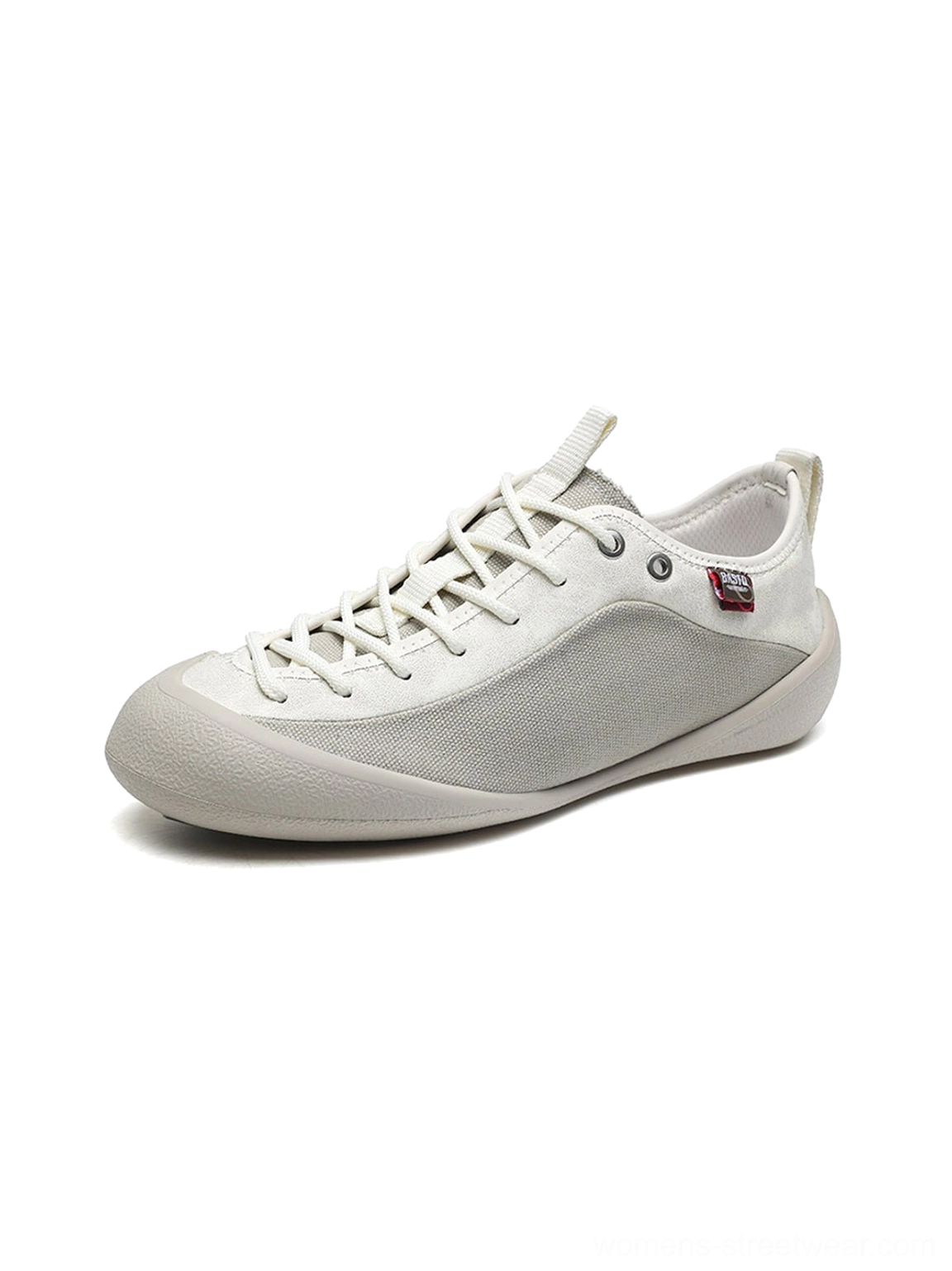 Single ivory mesh-panel canvas low-top sneaker in white gray displayed on a clean white background
