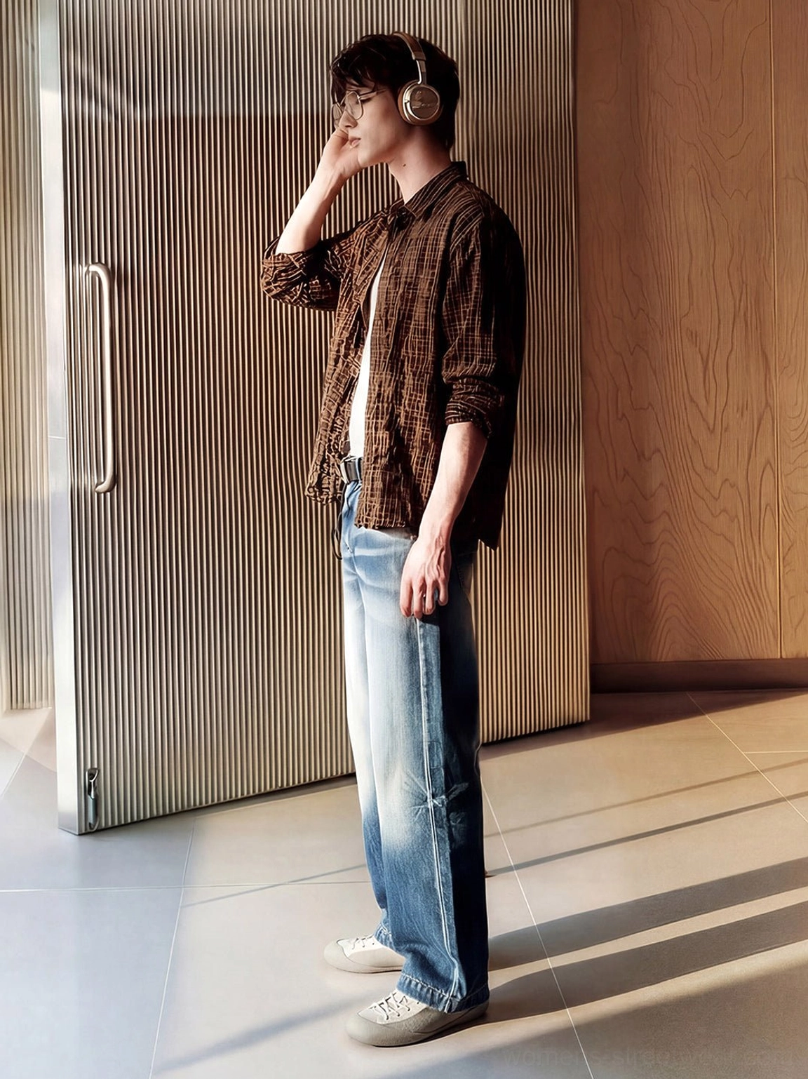 Male model styling ivory mesh-panel canvas low-top sneakers with wide-leg jeans and plaid shirt