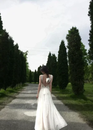 Back view of an ivory open-back maxi dress showing the deep V back, adjustable waist ties, bow detail, and softly flowing chiffon-style full-length skirt