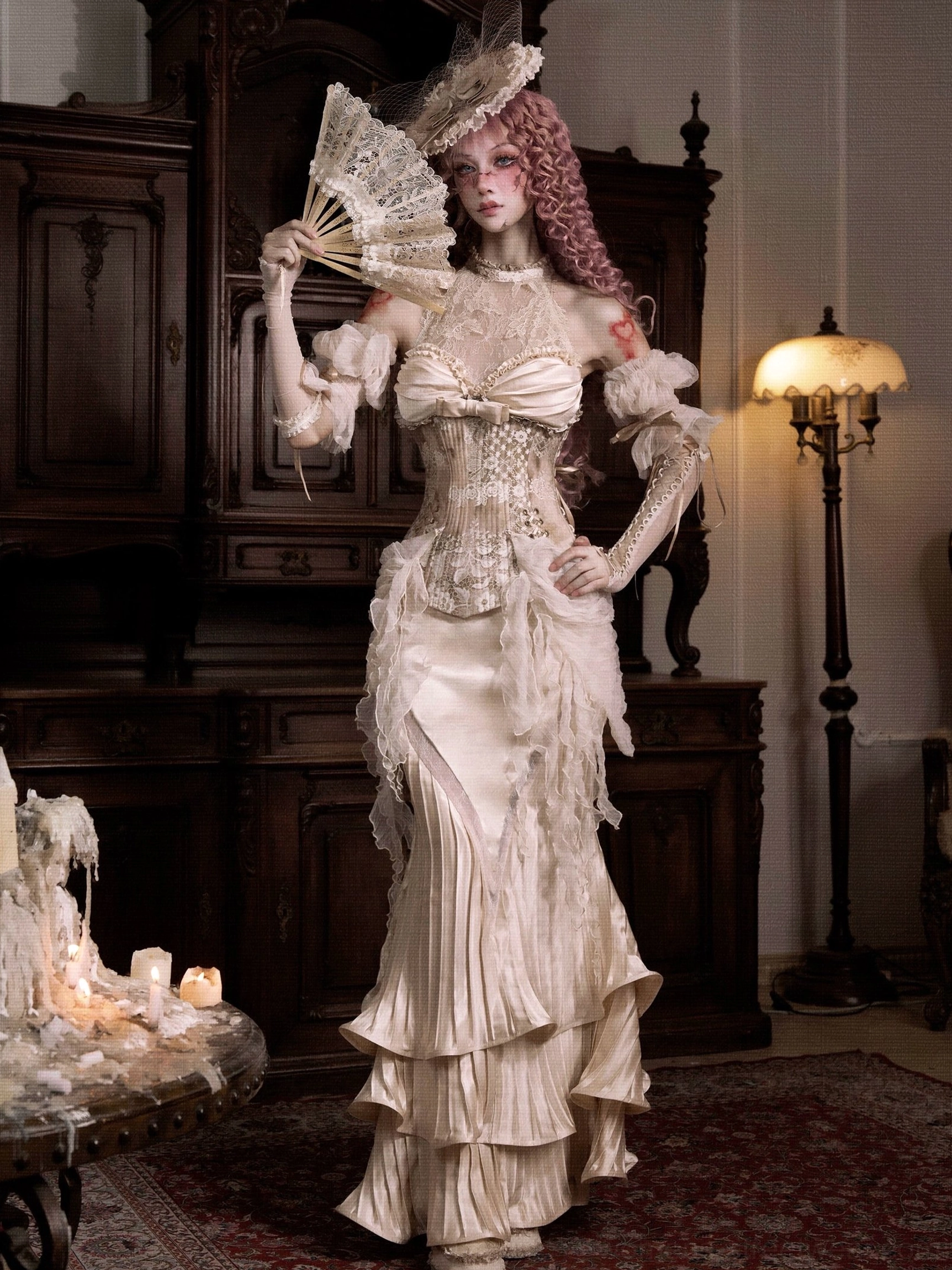 Ivory pleated ruffle mermaid skirt in a Victorian-inspired eveningwear styling front view