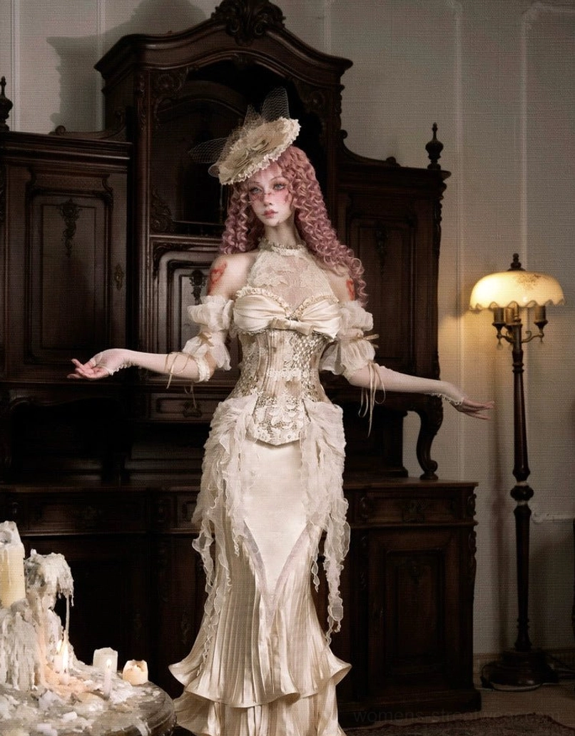 Ivory satin layered ruffle mermaid skirt styled for romantic vintage-inspired eveningwear