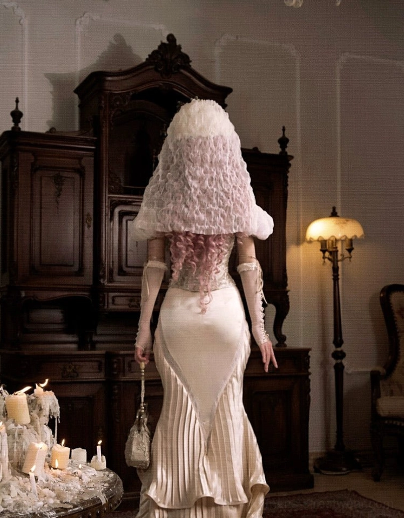 Back view of ivory satin ruffled fishtail mermaid skirt with cascading pleated hem