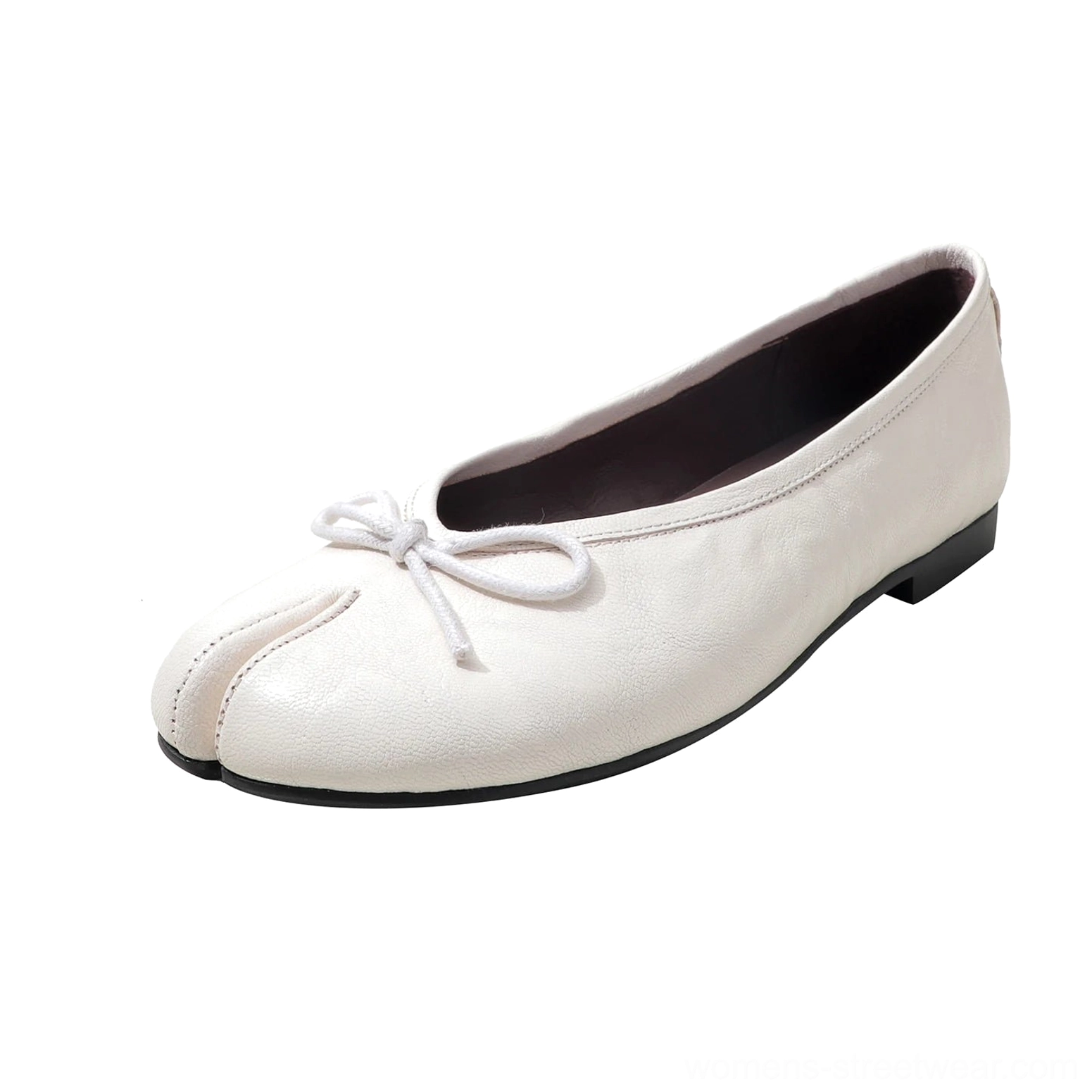 Ivory split-toe leather ballet flat with gathered front bow and low heel side profile on white background