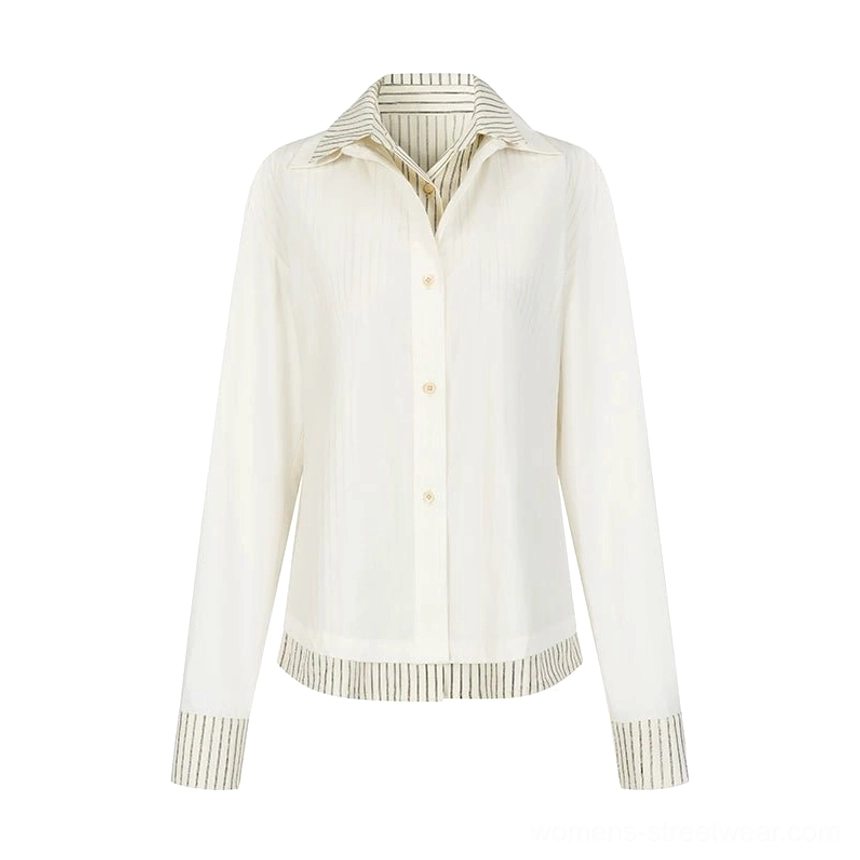 Flat lay of the ivory striped contrast-collar cotton blend button-up shirt with long sleeves, striped cuffs, striped collar, and relaxed streetwear silhouette