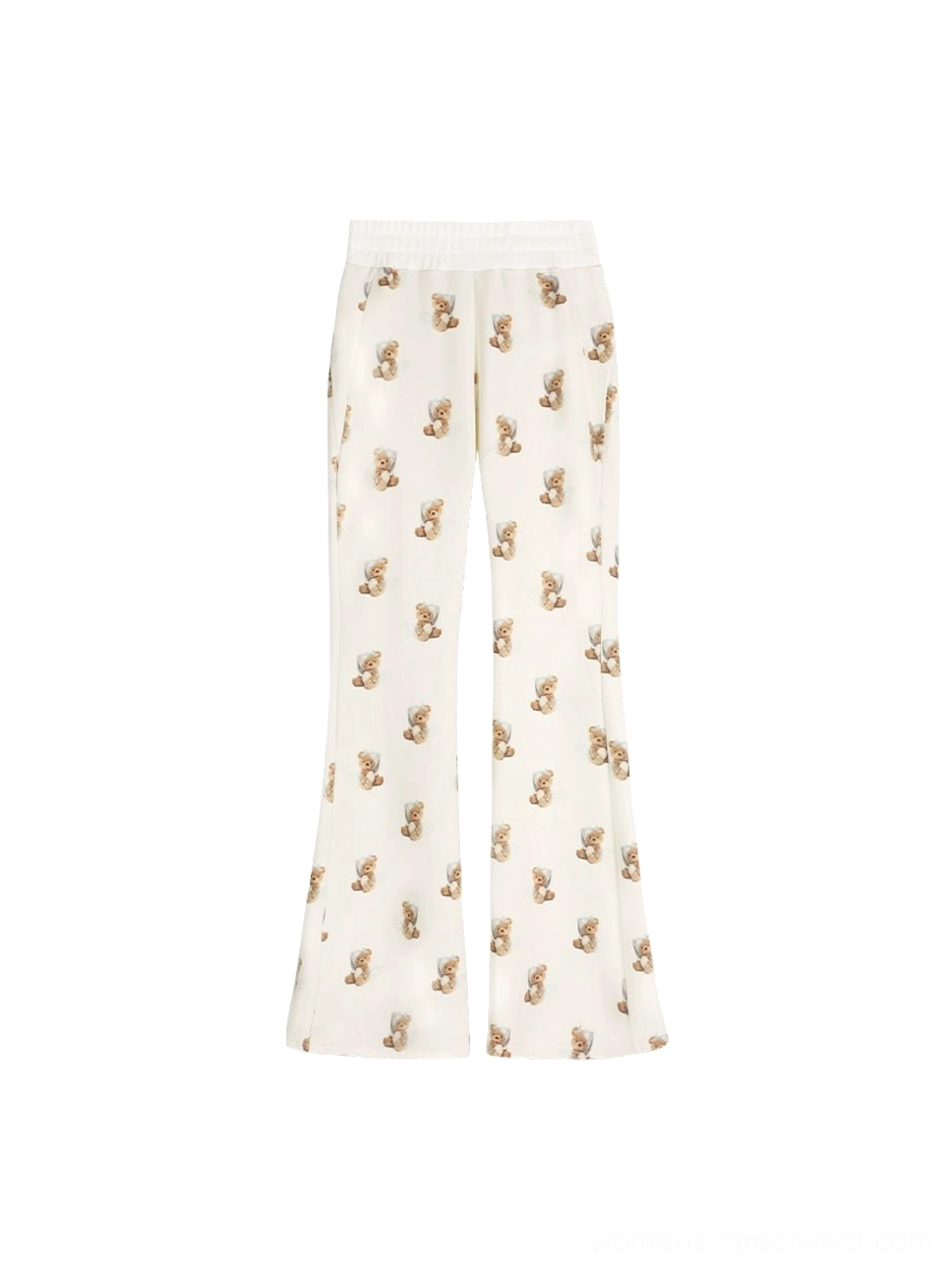 Flat lay front view of ivory teddy bear print high-waist flare streetwear pants with elastic waist and flared hems