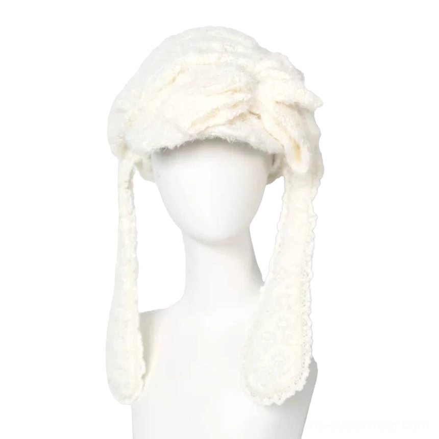 Knitted bunny ear hat accessory option coordinated with ivory romantic Korean streetwear styling