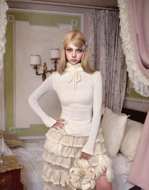 Full body view of ivory high-neck bow tie peplum knit top with a tiered ruffle maxi skirt for romantic Seoul fashion styling