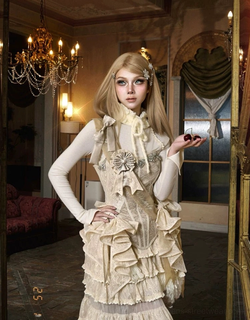 Side three-quarter view of ivory tie-neck knit base layer beneath an elegant layered ruffle dress ensemble