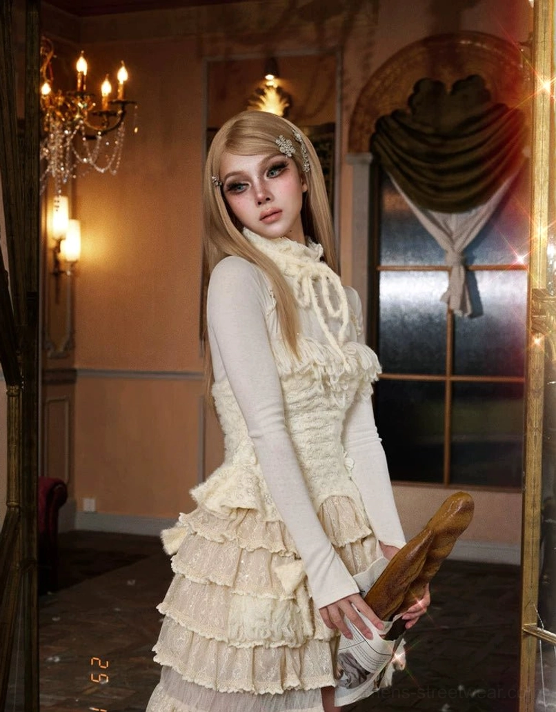 Ivory tie-neck peplum knit base layer top romantic Korean streetwear fashion detail