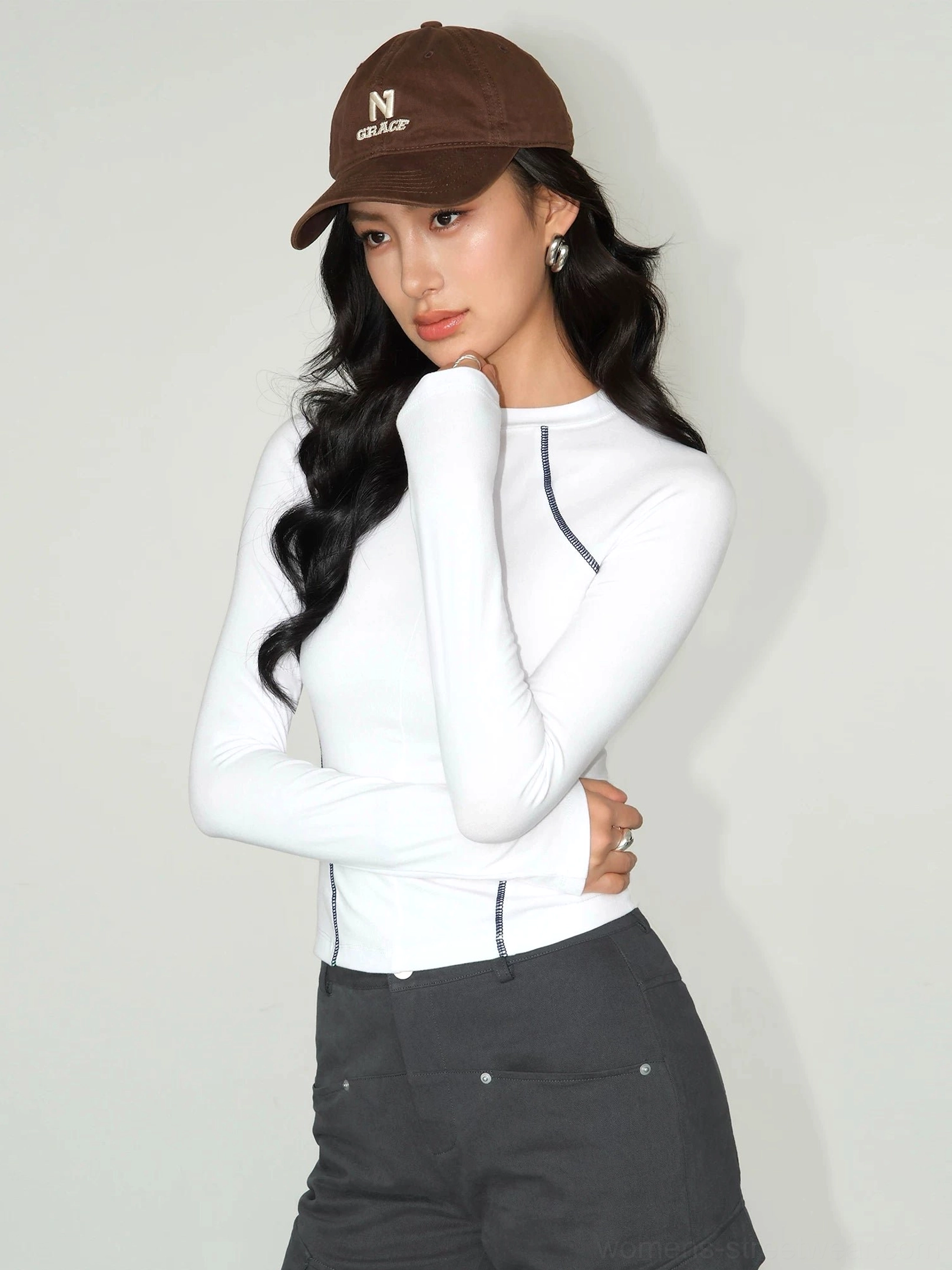Ivory white contrast stitch long sleeve tee clean aesthetic minimalist Seoul fashion inspiration