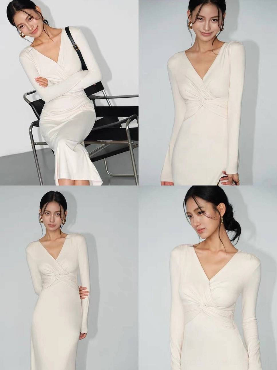 Ivory white twist wrap long sleeve midi dress shown in a three-quarter front view with a sculpted V-neck, fitted silhouette, and ankle-grazing hem