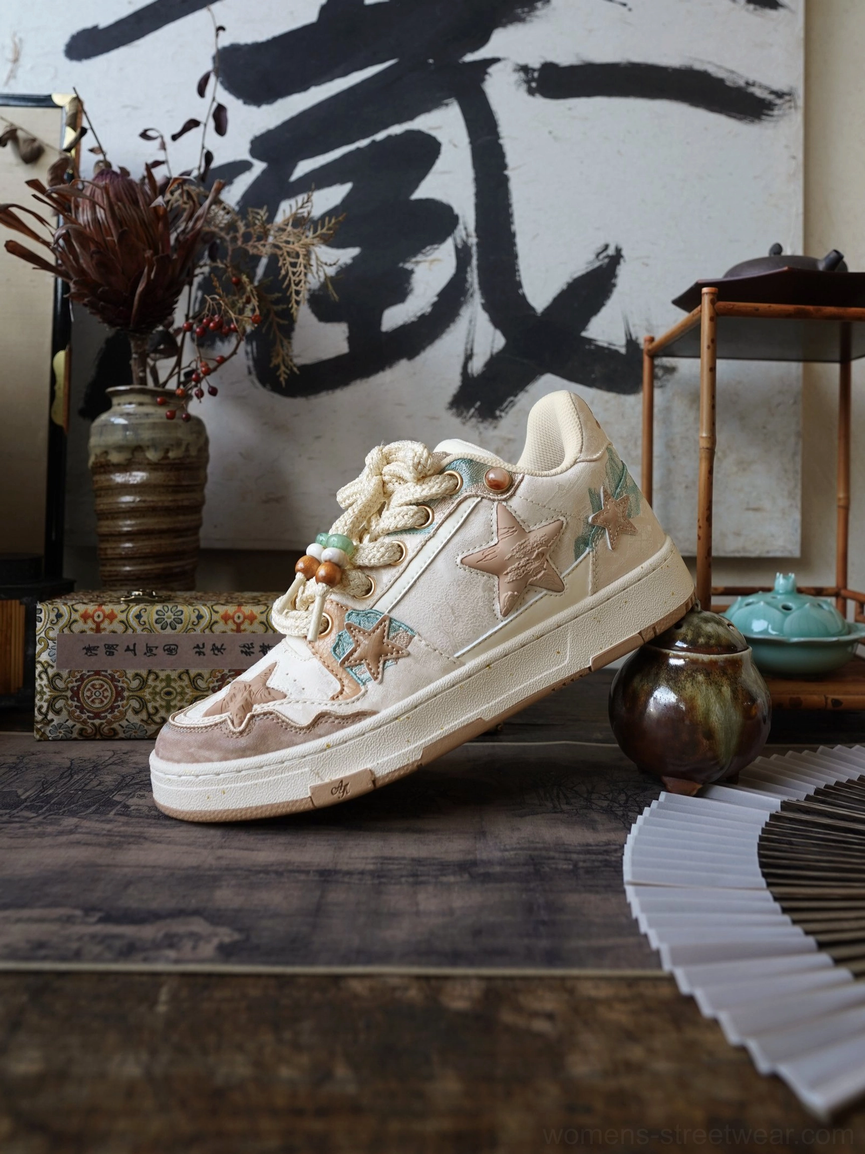 Jacquard star panel retro sneakers in beige and brown for vintage casual, Seoul fashion, and everyday styling