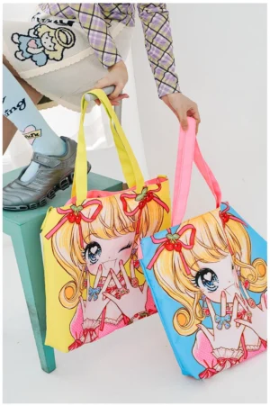 Blue and yellow kawaii anime girl convertible tote bags with colorful shoulder straps shown in a casual streetwear setting