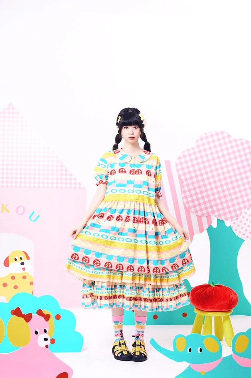 Kawaii pastel Peter Pan collar ruffle midi dress shown with loose A-line fit and colorful tiered skirt