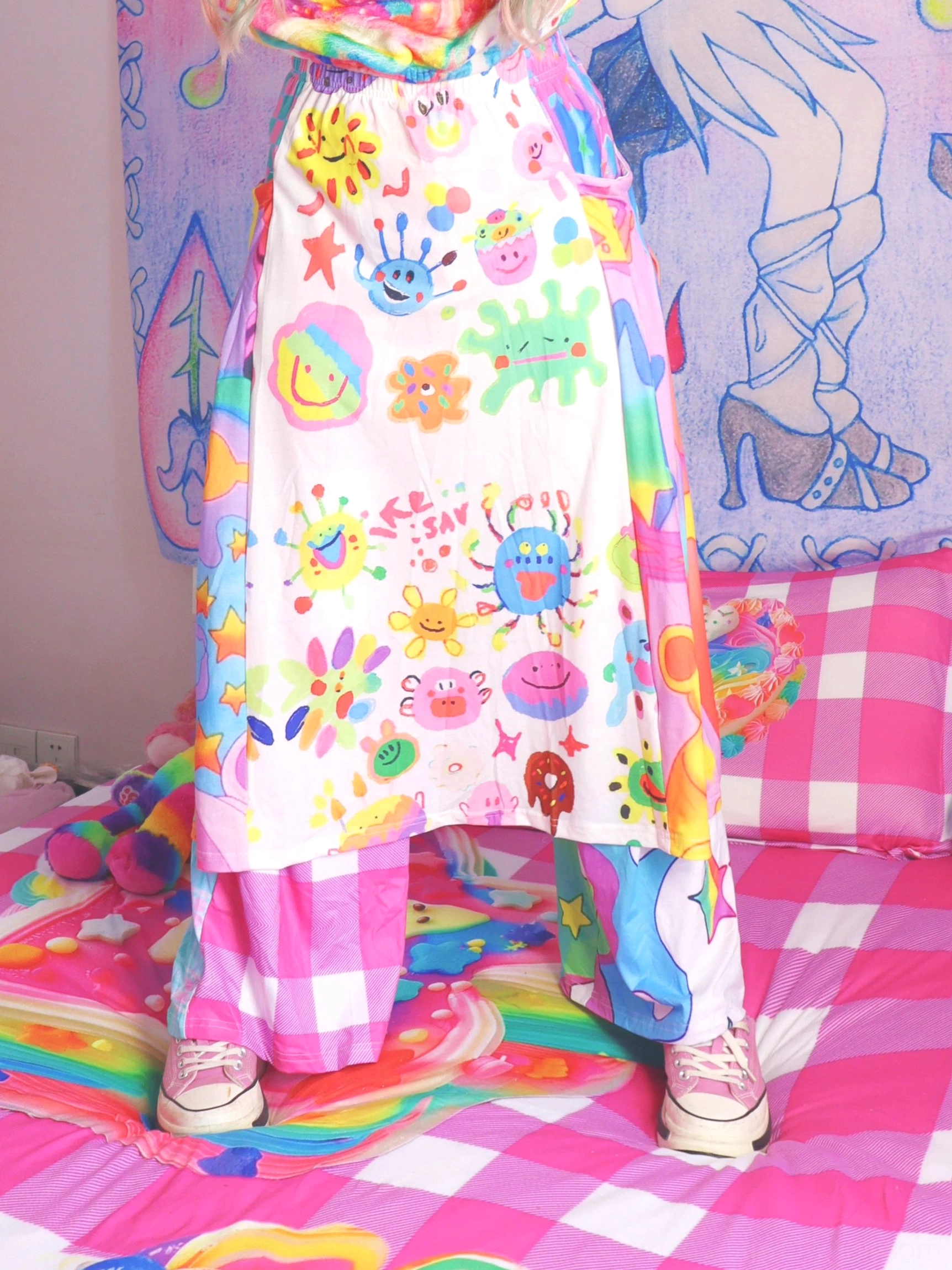 Kawaii rainbow graffiti long skirt with elastic high waist, cartoon front panel, colorful gradient side panels, and flowy silhouette