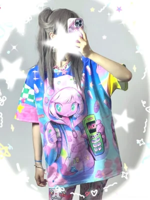 Front view of a kawaii oversized retro mobile phone T-shirt with anime-inspired character print, sparkly star background, pastel colors, and Korean Y2K streetwear aesthetic