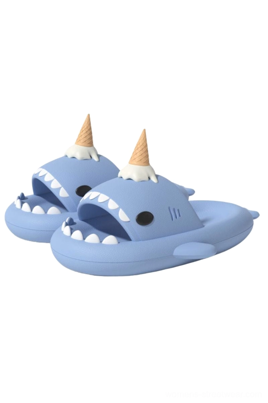 Blue ice cream shark slide slippers with open-mouth shark design and matte EVA finish