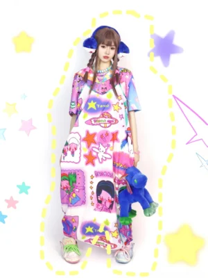 Front view of a kawaii star Y2K cartoon print maxi dress with loose fit silhouette, pastel stars, cute characters, UFOs, bunnies, spaghetti straps, and hidden side pockets