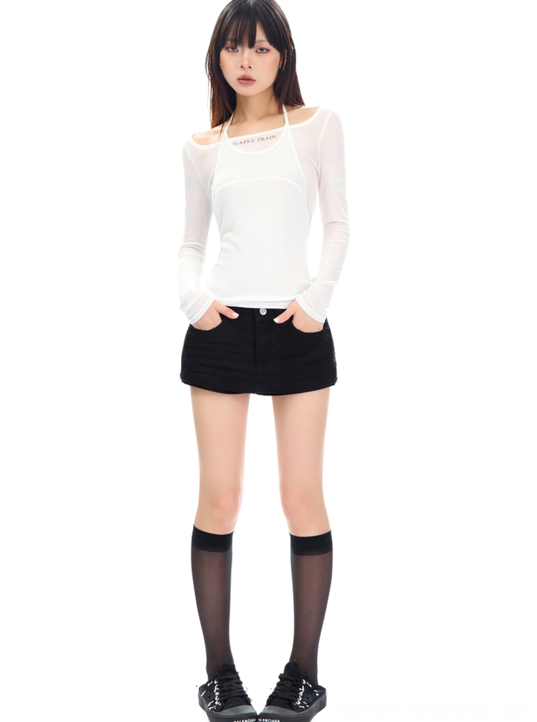 Khaki and black denim mini skirt for Y2K, Acubi and contemporary Korean streetwear outfit styling