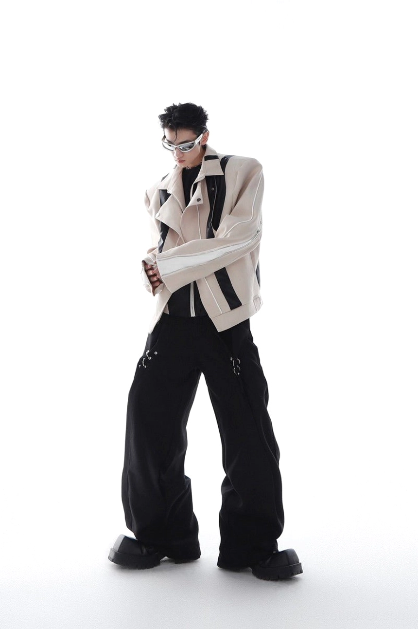Khaki and black contrast layered biker jacket styled with wide-leg cargo pants, featuring a clean color-block design and futuristic streetwear silhouette