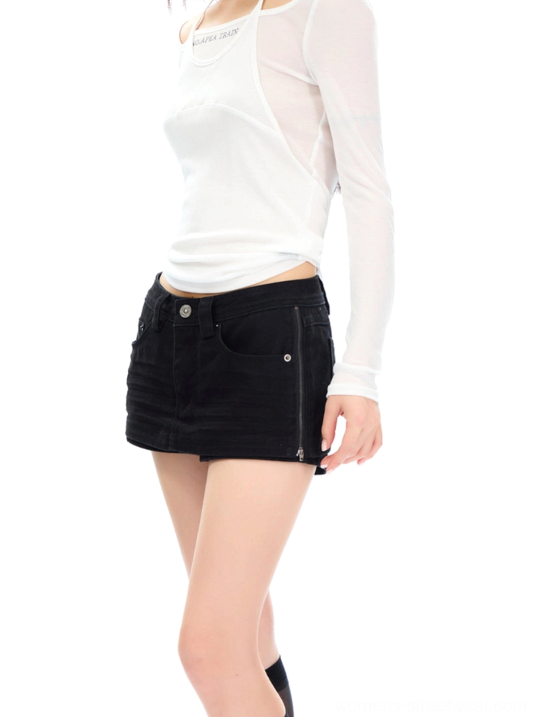 Khaki and black low-rise denim mini skirt collection with classic pockets, buttoned waistband and Seoul streetwear appeal