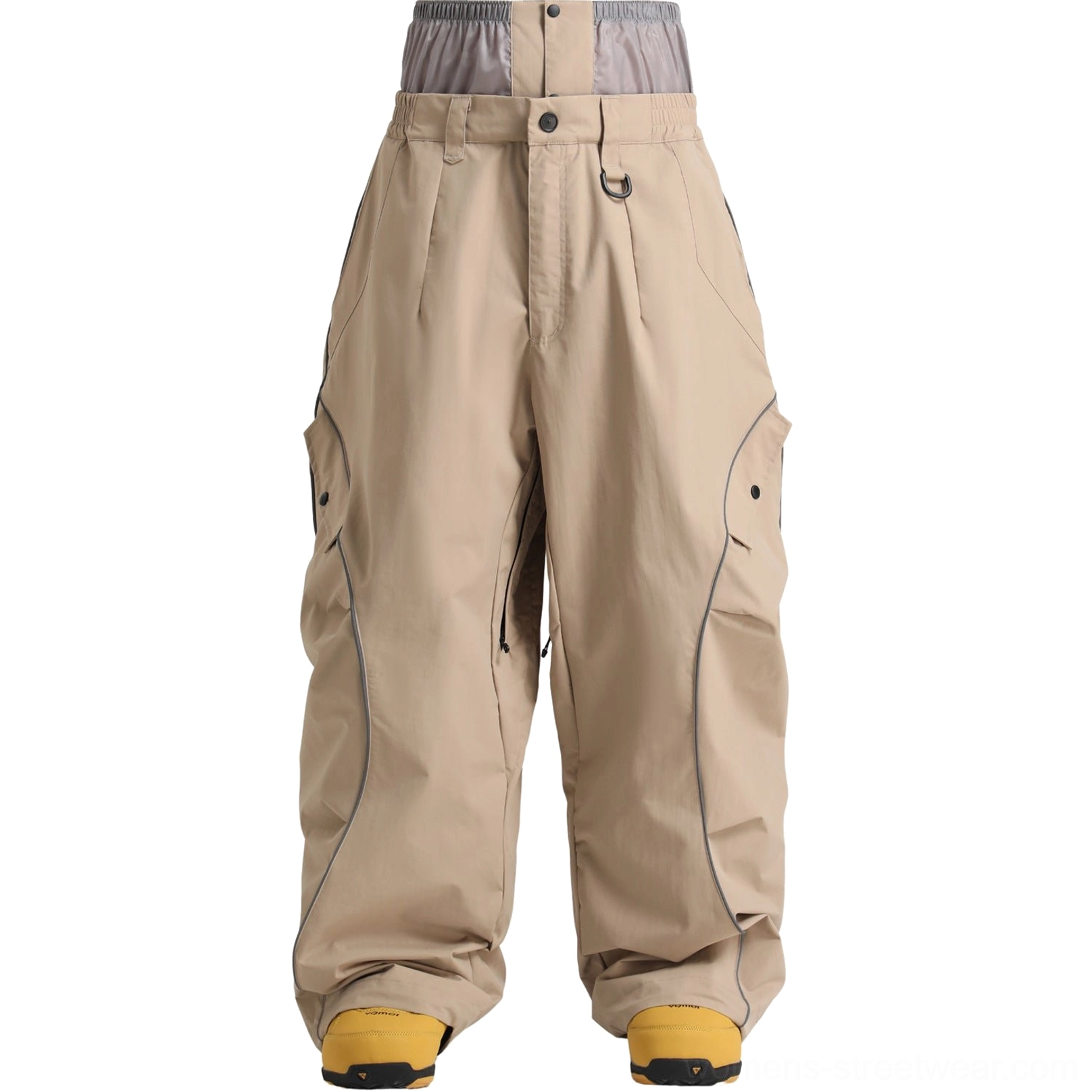 Khaki brown baggy snowboard cargo pants with dark reflective piping displayed on a white studio background
