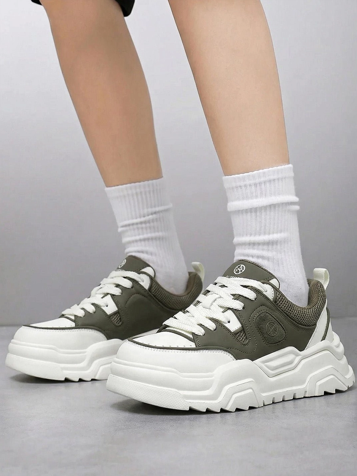 Khaki contrast cutout platform sneakers with deep tread outsole detail