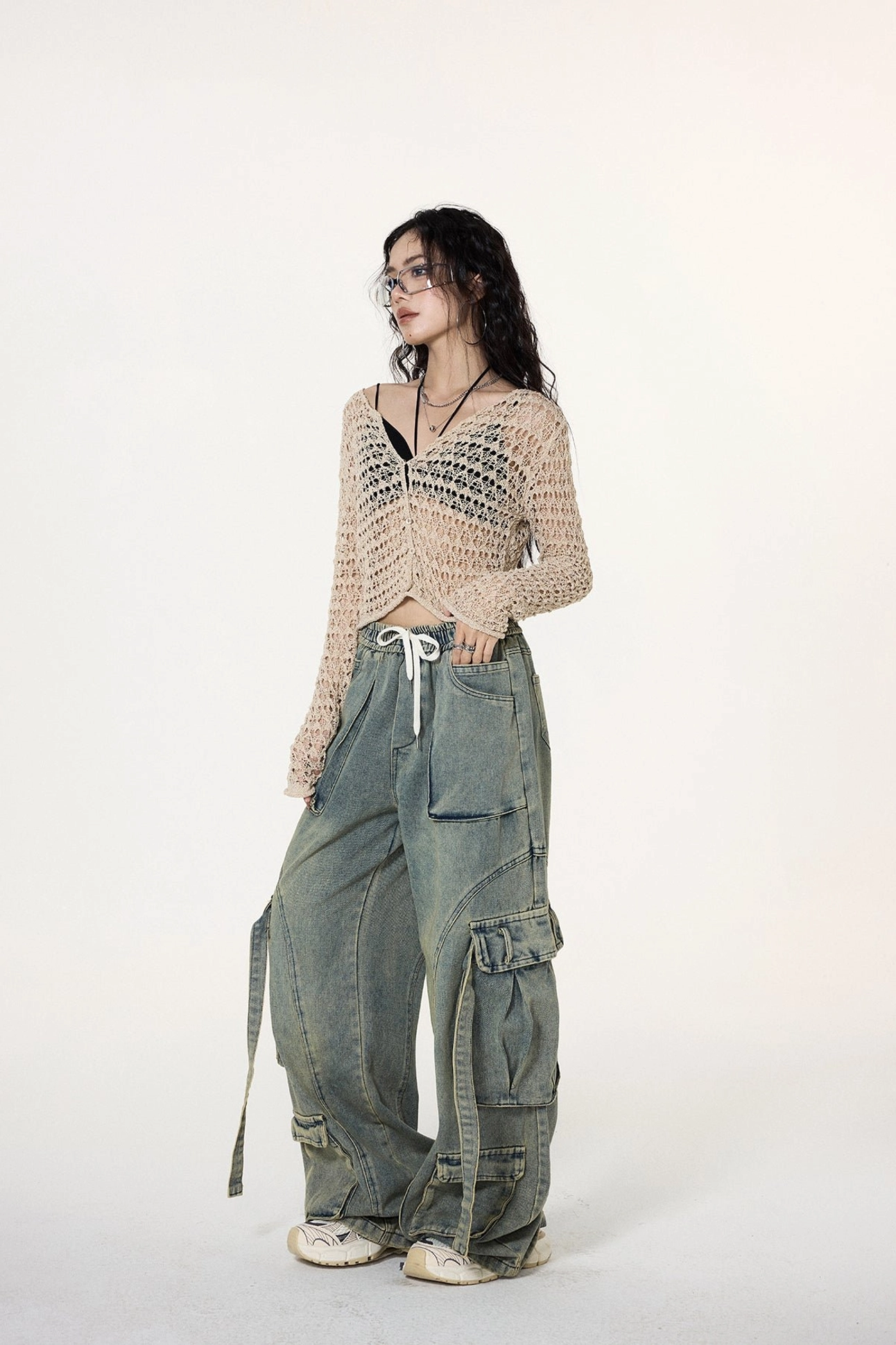 Khaki crochet V-neck crop cardigan product image with versatile button-front layering design