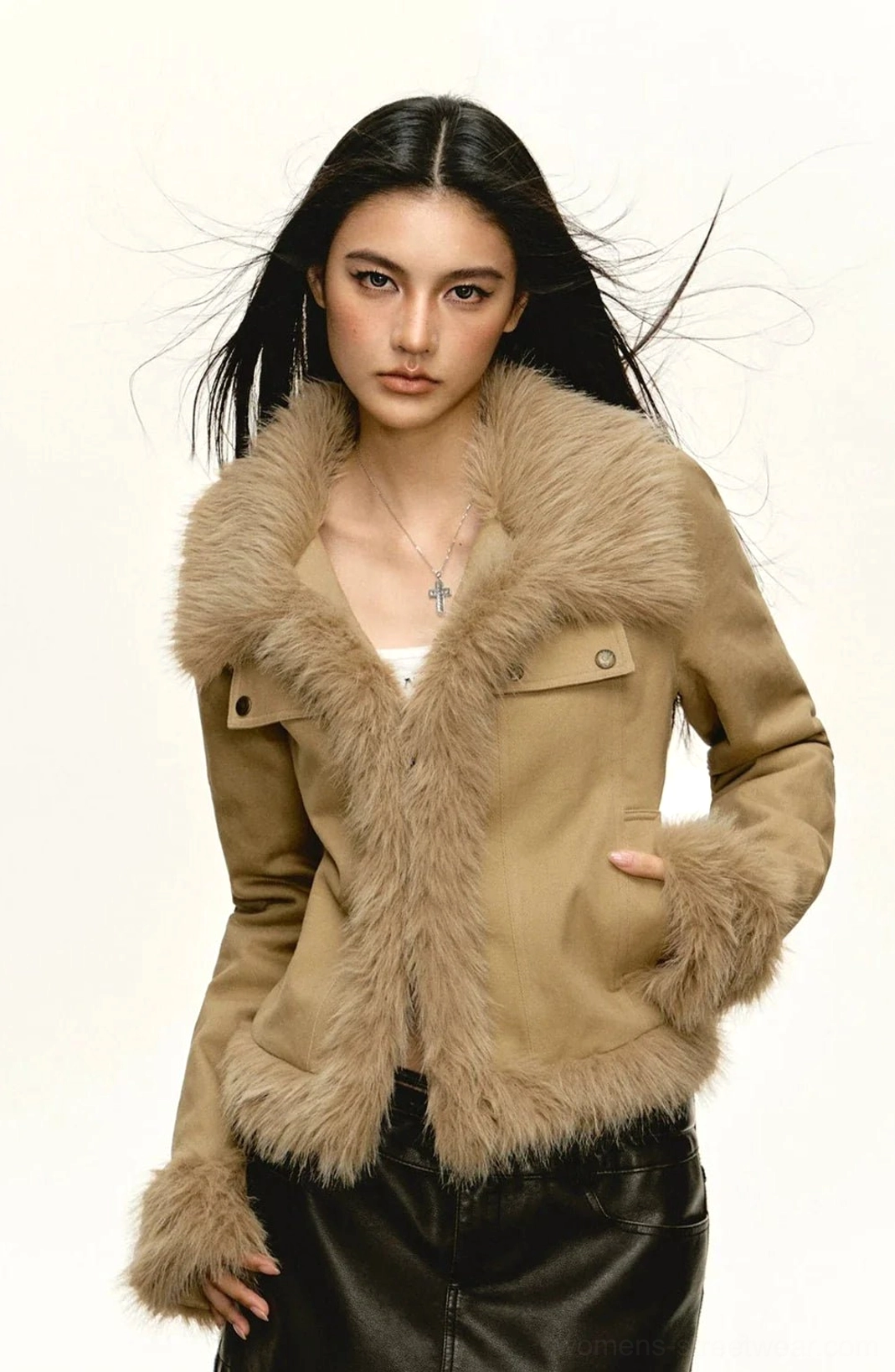 Side front view of khaki cropped faux fur jacket with wide collar and utility flap pockets