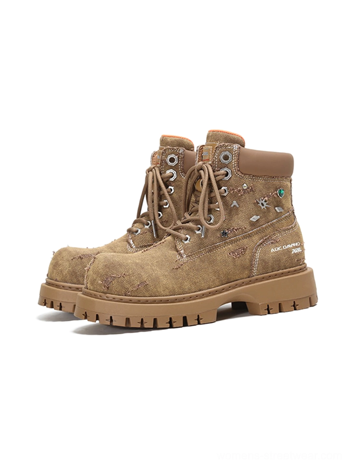 Front three quarter view of khaki distressed combat boots with lace-up design metal accents and chunky platform outsole