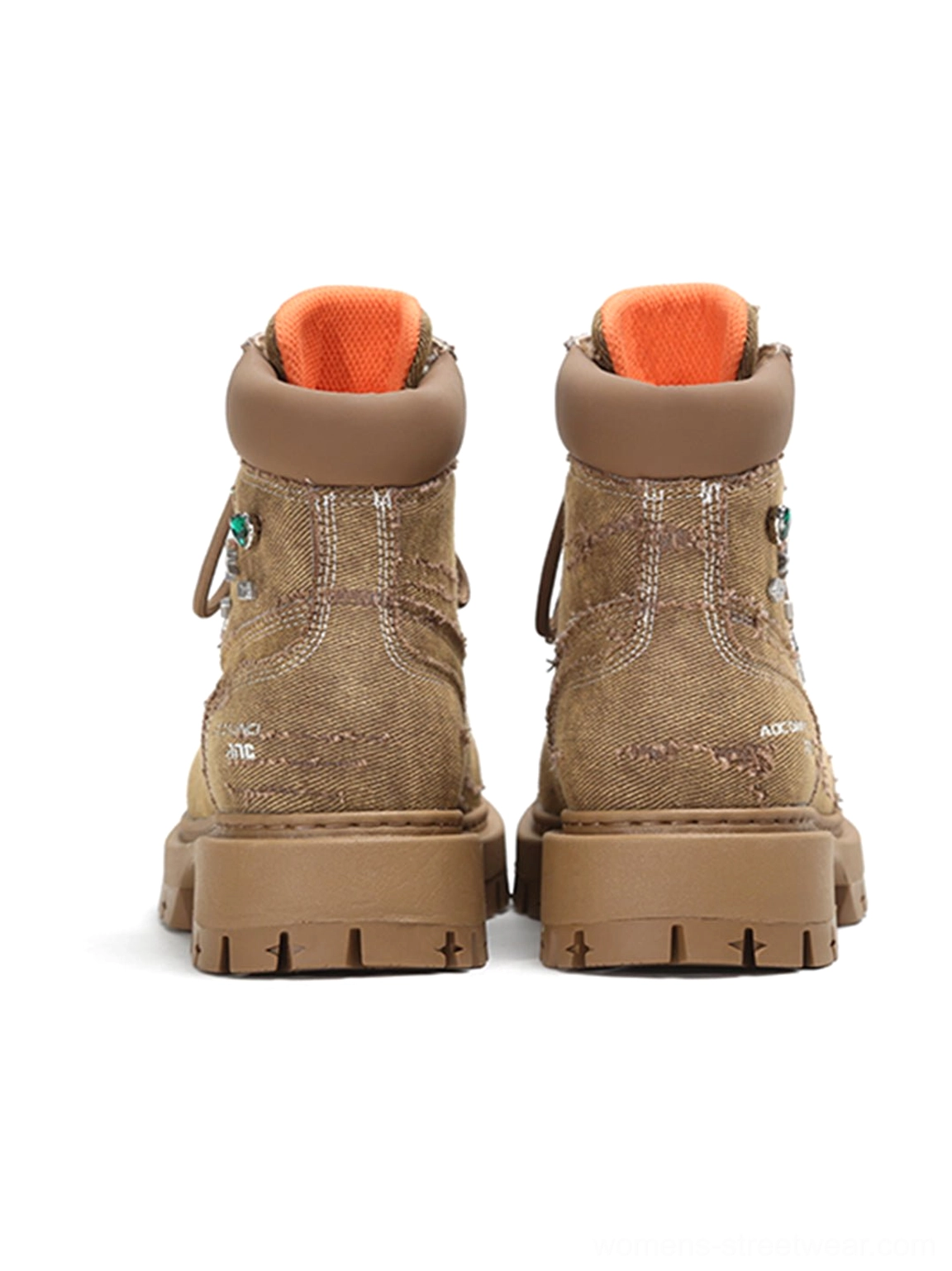 Rear top view of khaki distressed platform combat boots showing orange collar lining thick lug sole and rugged heel details