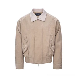Khaki embroidered houndstooth double-collar streetwear jacket with flame-inspired pocket embroidery, elasticated hem, and front zipper